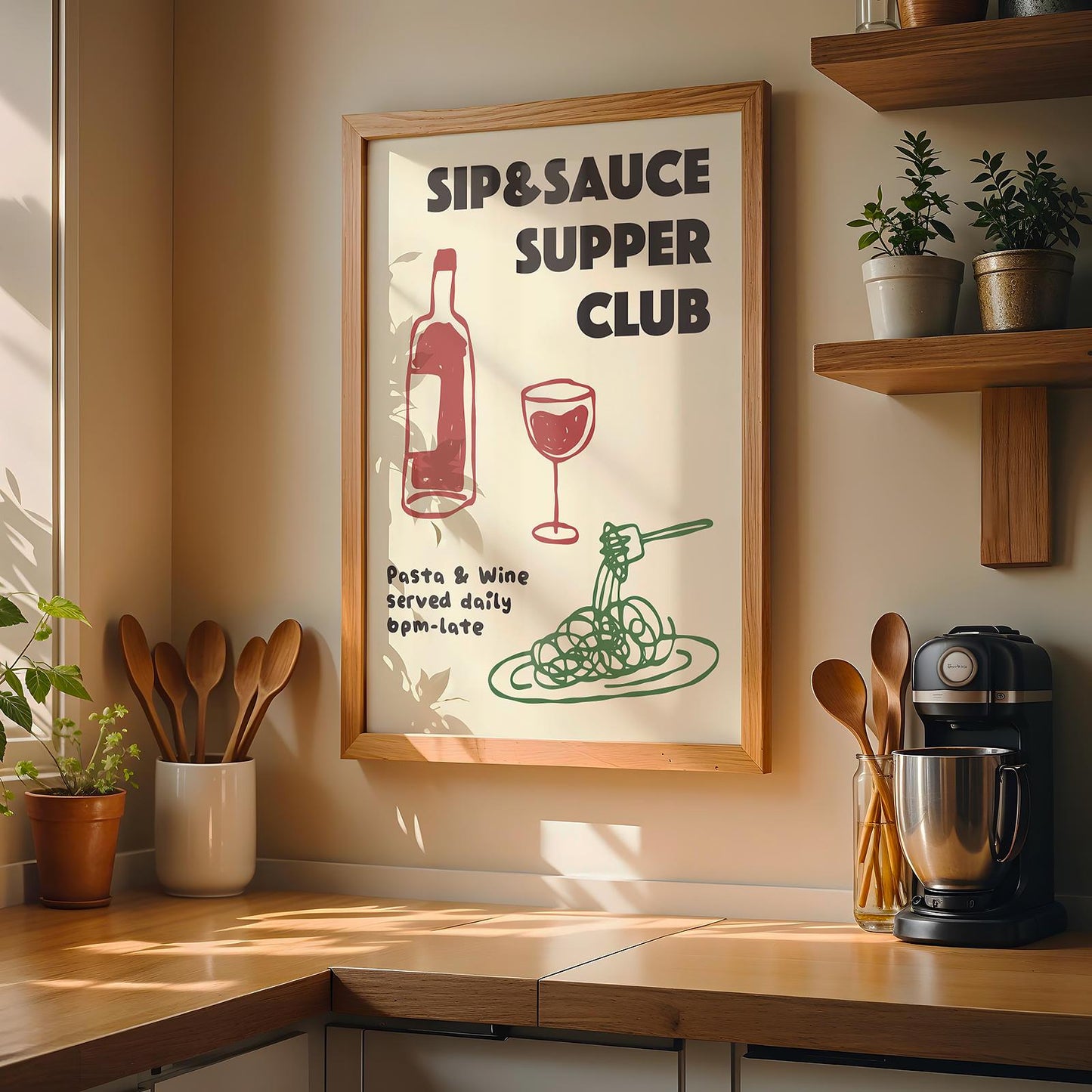 Customizable Pasta and Wine Supper Club Art Print Poster ONLY, Kitchen Wine Wall Art, Wall Decor for Wine Lovers, Hand drawn doodle poster