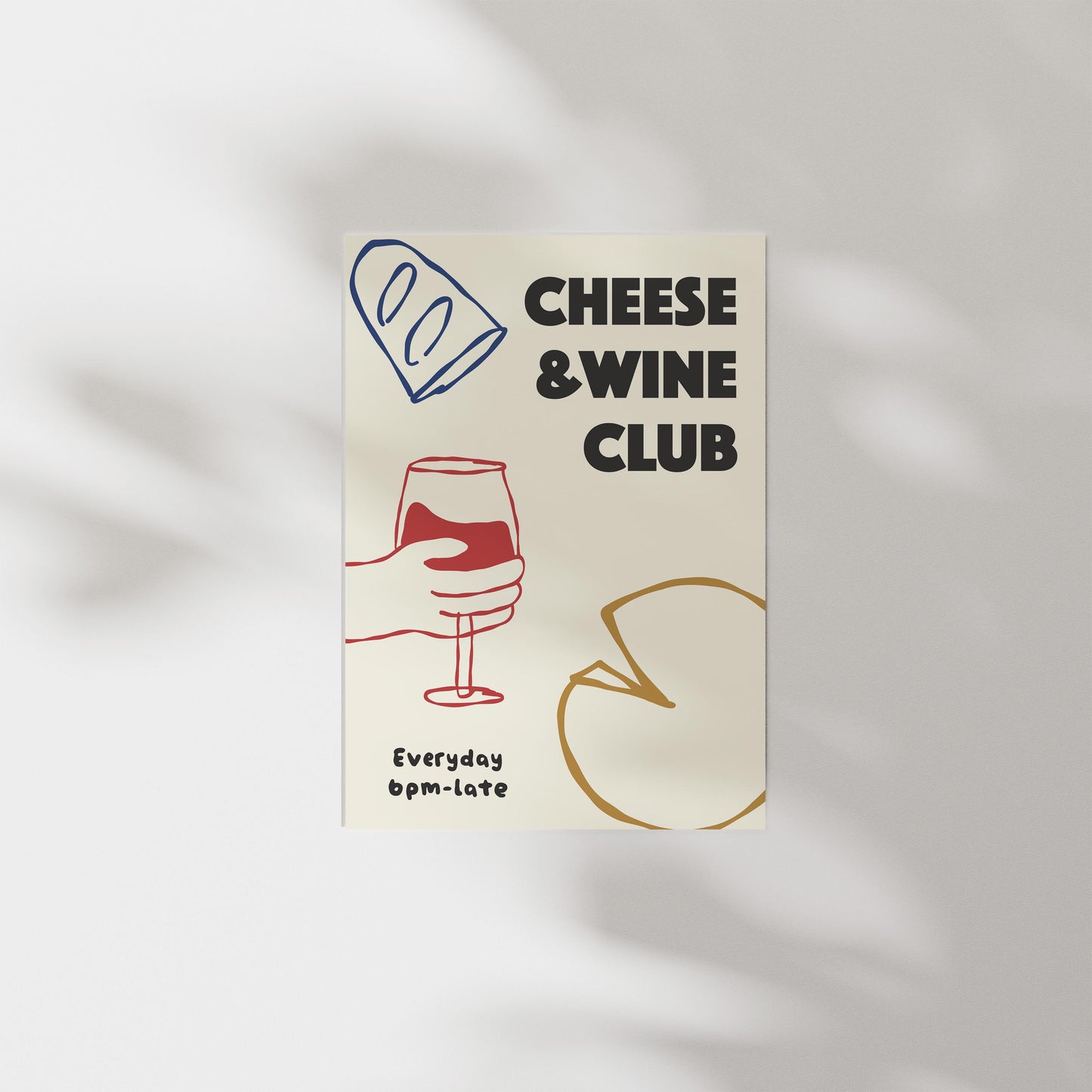 Customizable Cheese and Wine Club Art Print Poster ONLY, Kitchen Wine Wall Art, Wall Decor for Wine Lovers, Hand drawn doodle poster
