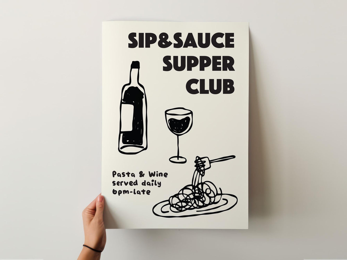 Customizable Pasta and Wine Supper Club Art Print Poster ONLY, Kitchen Wine Wall Art, Wall Decor for Wine Lovers, Hand drawn doodle poster