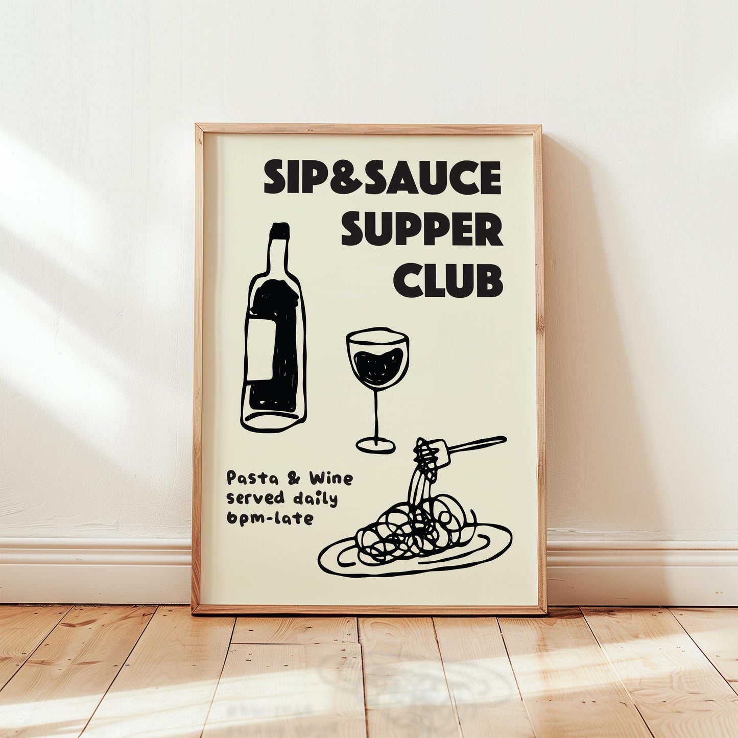 Customizable Pasta and Wine Supper Club Art Print Poster ONLY, Kitchen Wine Wall Art, Wall Decor for Wine Lovers, Hand drawn doodle poster