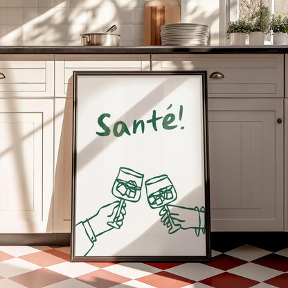 Customizable Sante! French Wine Art Print Poster ONLY, Kitchen Wine Wall Art, Wall Decor for Wine Lovers, France Poster, doodle art print