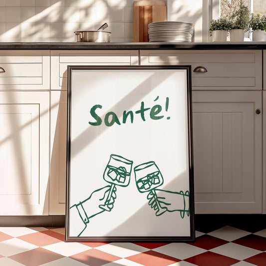 Customizable Sante! French Wine Art Print Poster ONLY, Kitchen Wine Wall Art, Wall Decor for Wine Lovers, France Poster, doodle art print