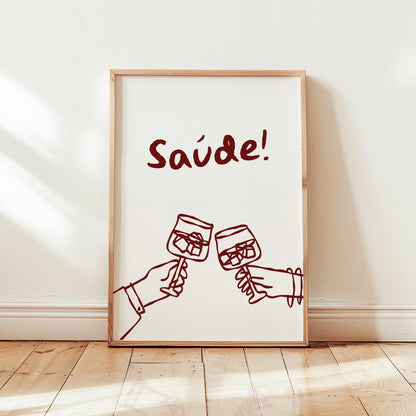 Customizable Saúde! Portuguese Brazilian Wine Art Print Poster ONLY, Kitchen Wine Wall Art, Decor for Wine Lovers, Hand drawn doodle poster