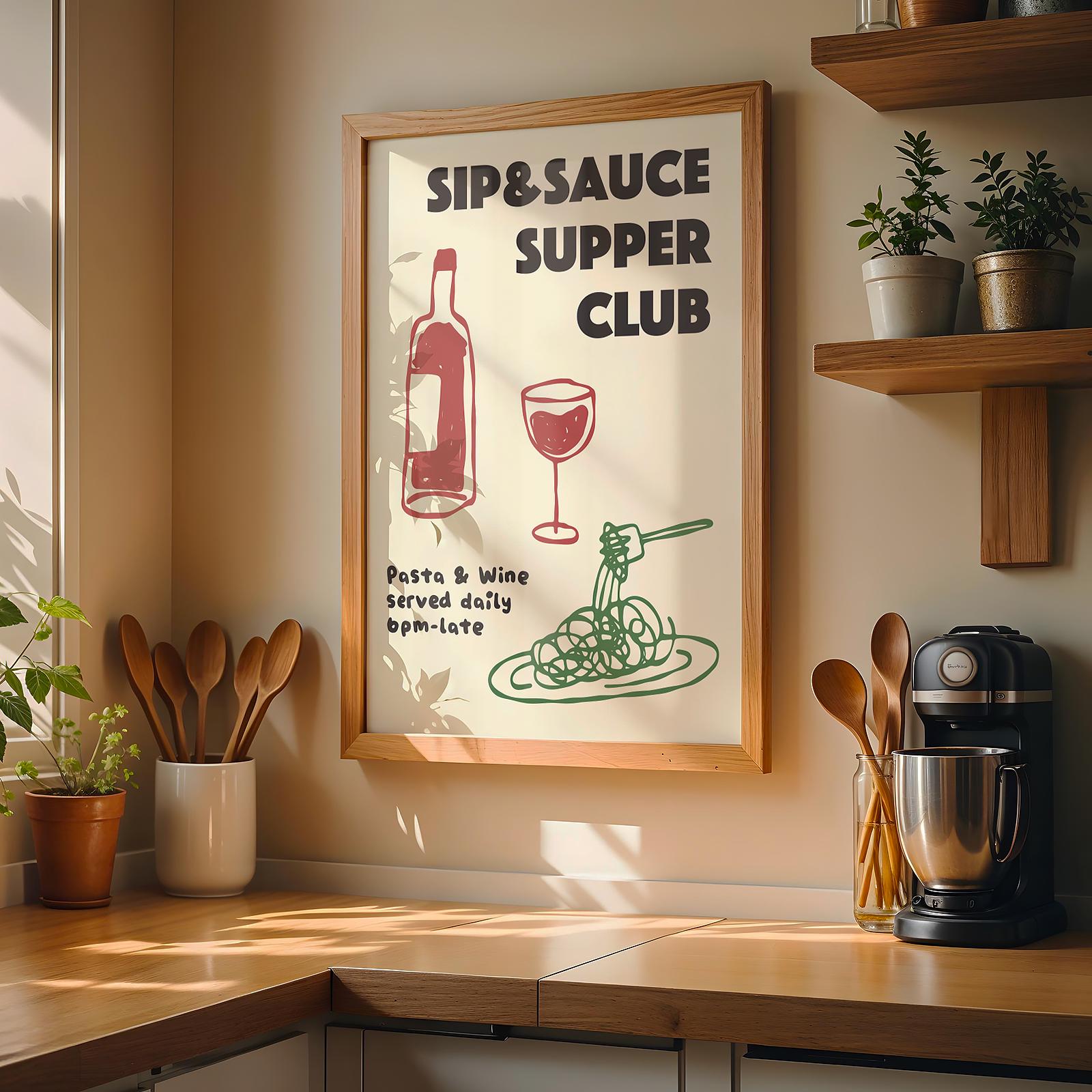 Customizable Pasta and Wine Supper Club Art Print Poster ONLY, Kitchen Wine Wall Art, Wall Decor for Wine Lovers, Hand drawn doodle poster