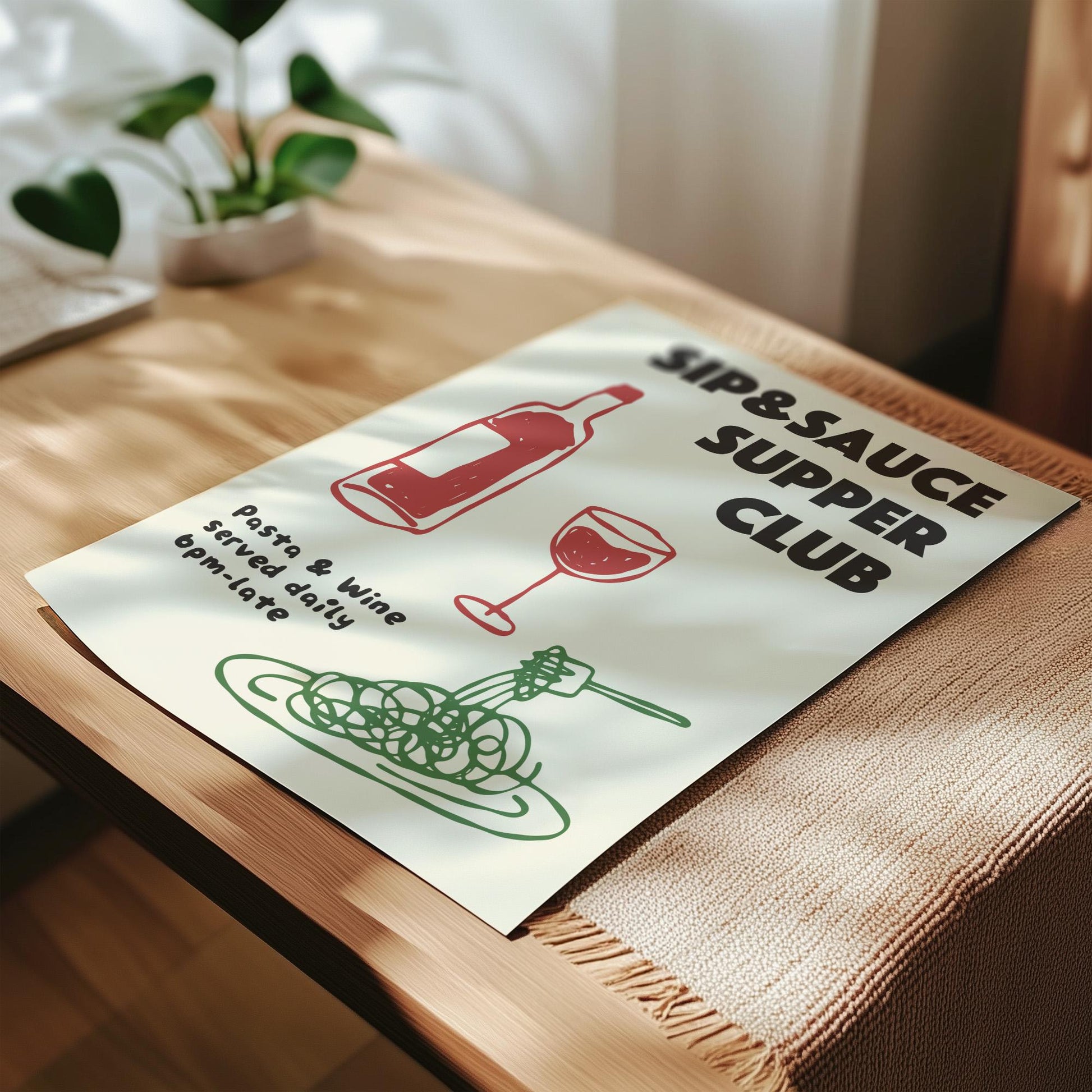 Customizable Pasta and Wine Supper Club Art Print Poster ONLY, Kitchen Wine Wall Art, Wall Decor for Wine Lovers, Hand drawn doodle poster
