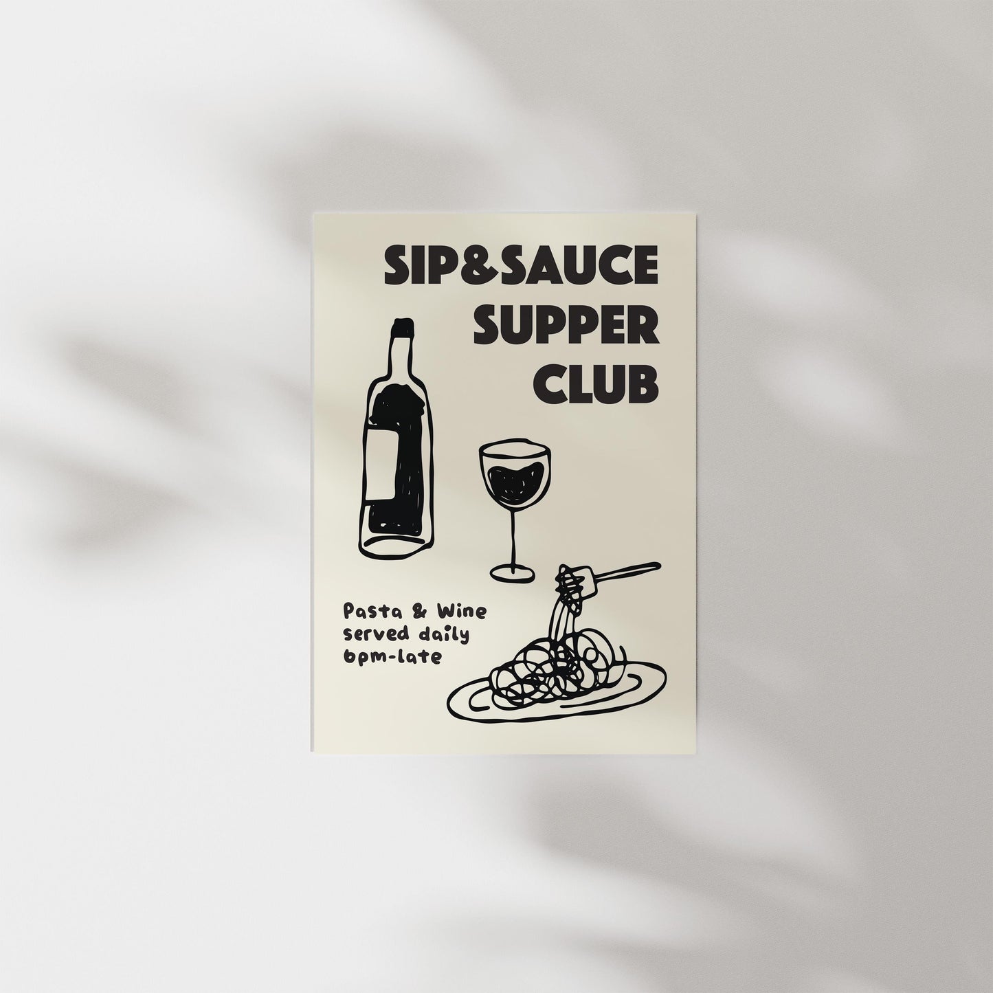 Customizable Pasta and Wine Supper Club Art Print Poster ONLY, Kitchen Wine Wall Art, Wall Decor for Wine Lovers, Hand drawn doodle poster