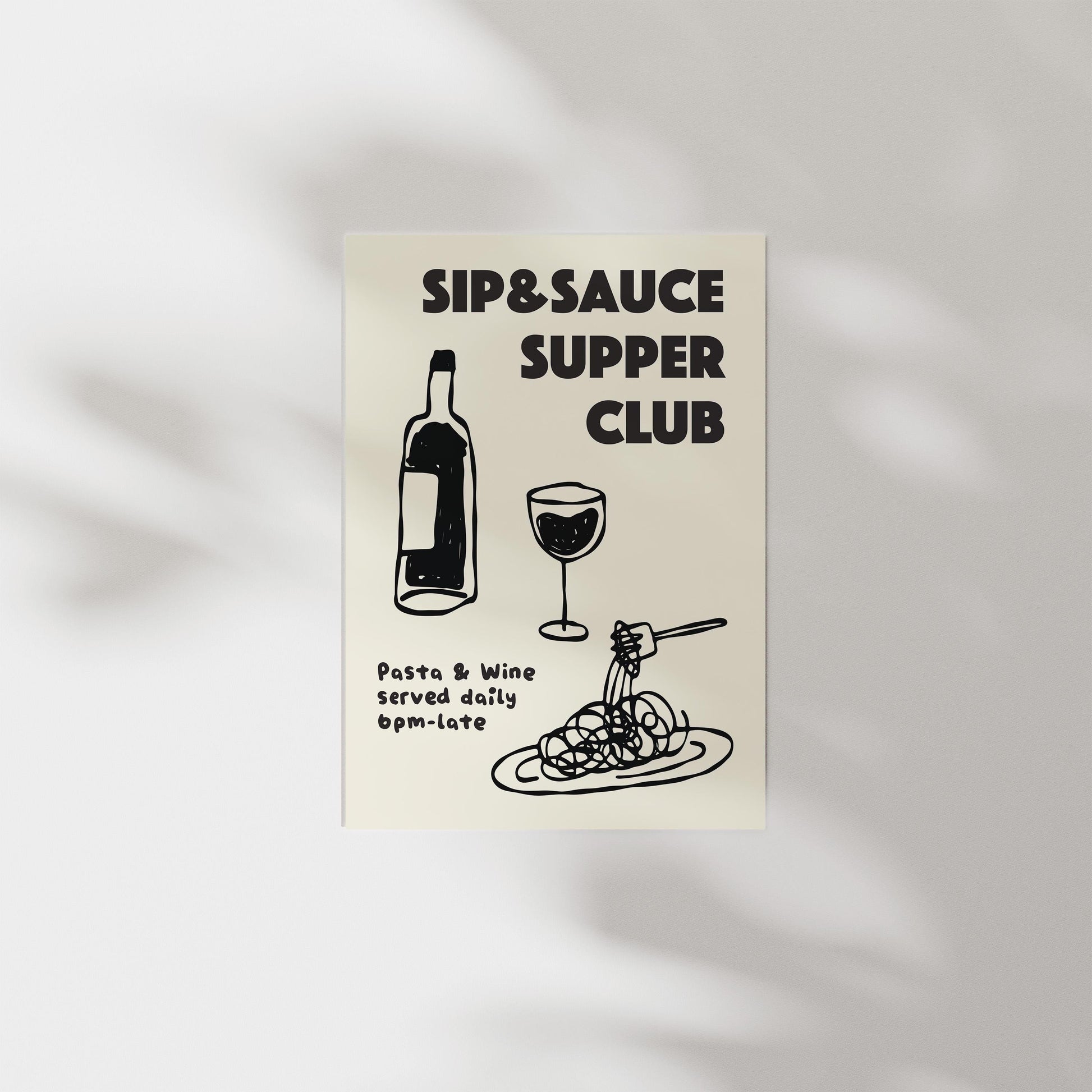 Customizable Pasta and Wine Supper Club Art Print Poster ONLY, Kitchen Wine Wall Art, Wall Decor for Wine Lovers, Hand drawn doodle poster