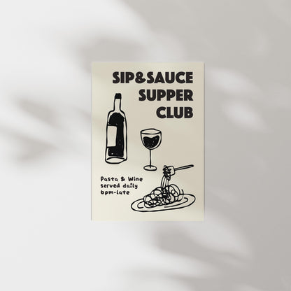 Customizable Pasta and Wine Supper Club Art Print Poster ONLY, Kitchen Wine Wall Art, Wall Decor for Wine Lovers, Hand drawn doodle poster