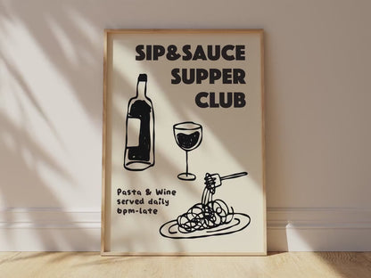 Customizable Pasta and Wine Supper Club Art Print Poster ONLY, Kitchen Wine Wall Art, Wall Decor for Wine Lovers, Hand drawn doodle poster